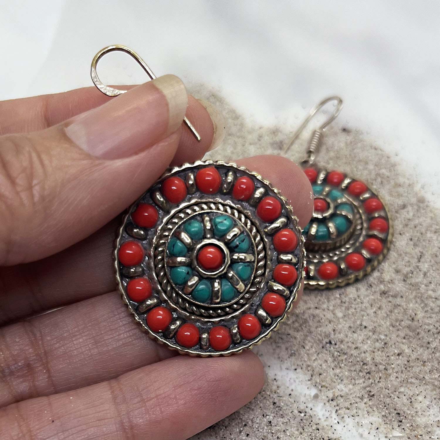 Bijoux vintage Boucles d'oreilles argent corail turquoise