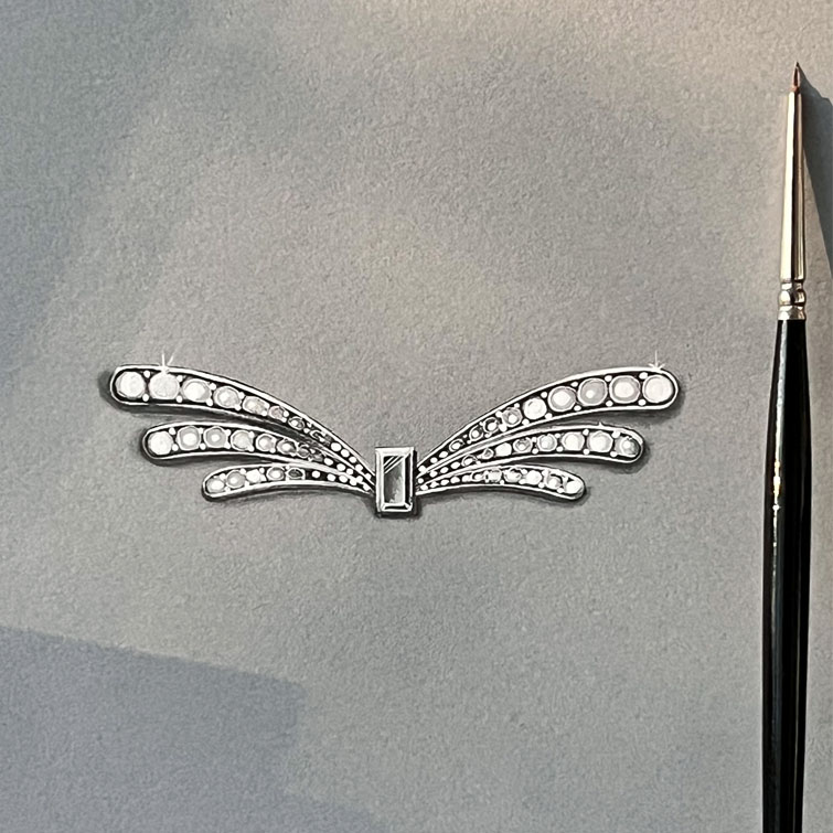 DESSIN GOUACHÉ PAPILLON DIAMANTS BROCHE