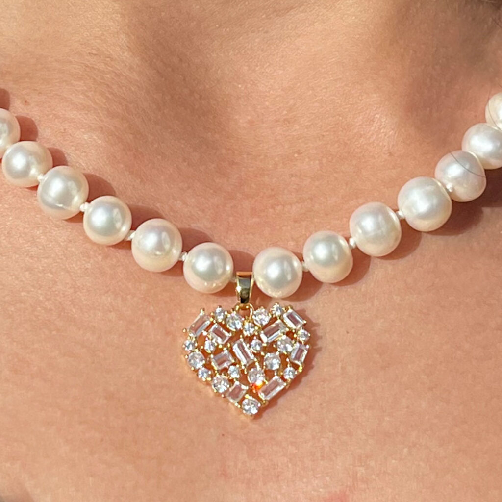 COLLIER PERLES COEUR PIERRES ENFILAGE FEMME MARIAGE